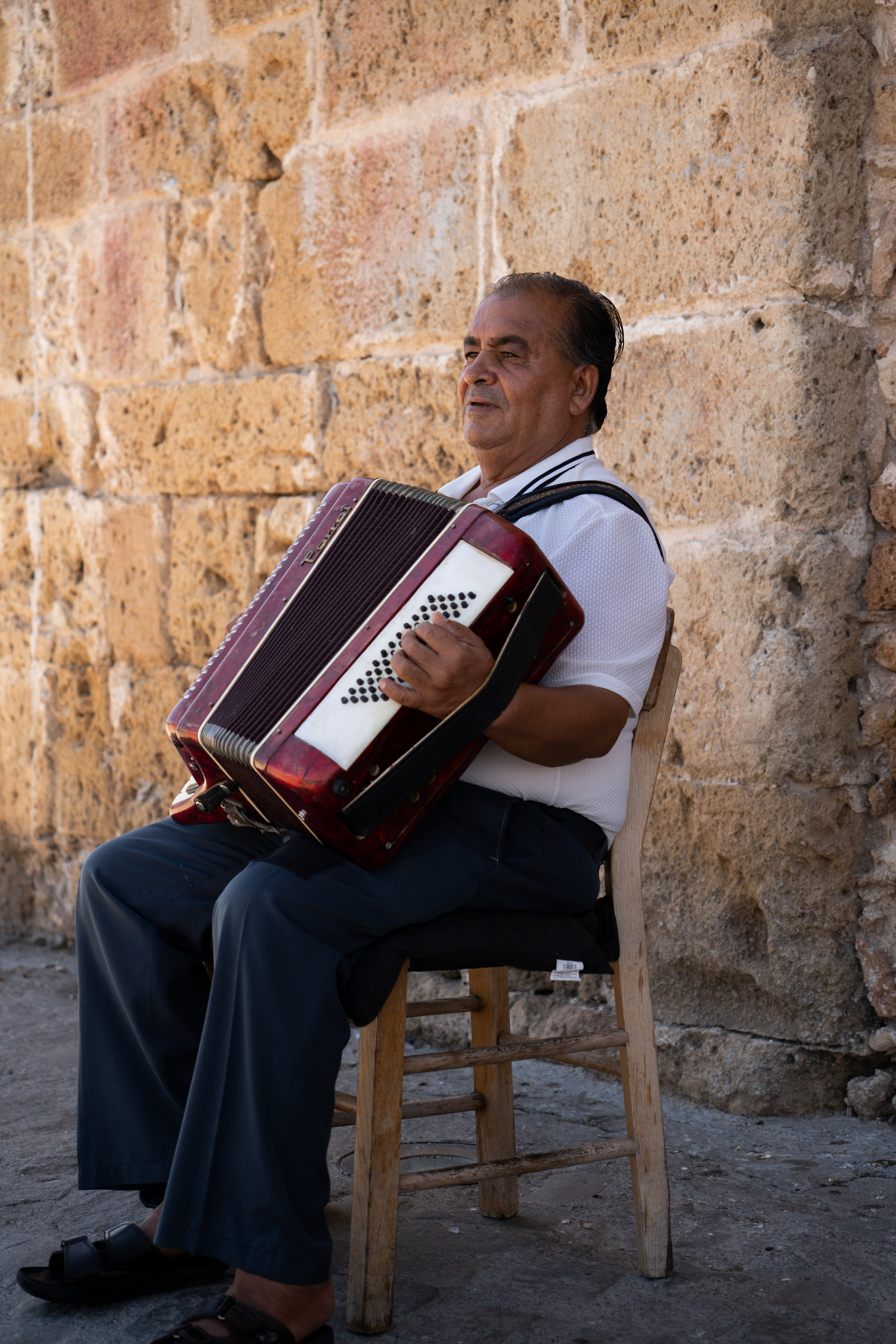 Acordeonista junto a un muro de piedra en Creta